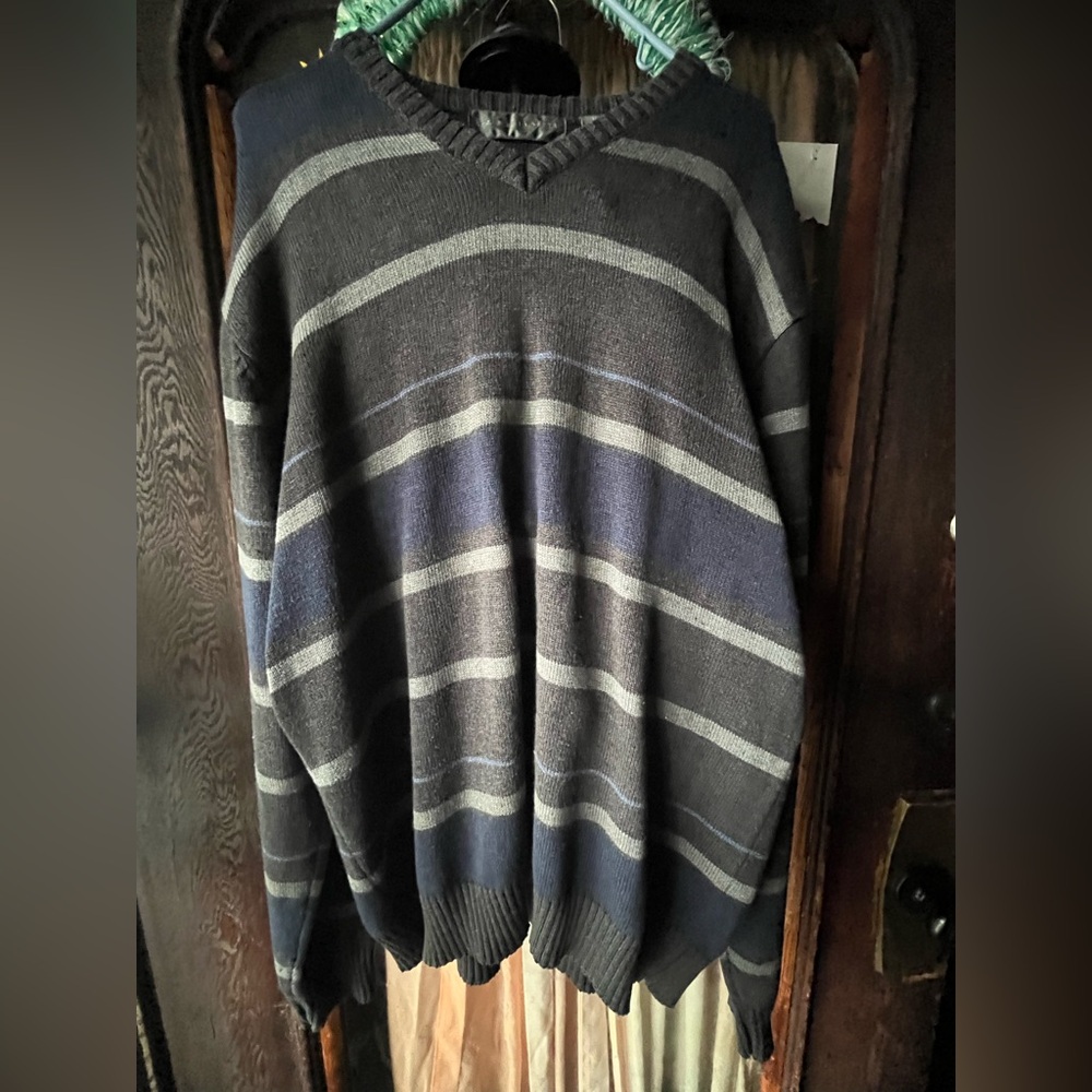Men's Striped Gray and Blue Sweater